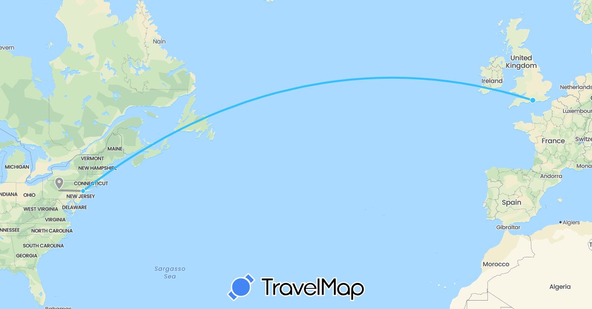 TravelMap itinerary: driving, plane, boat in United Kingdom, United States (Europe, North America)